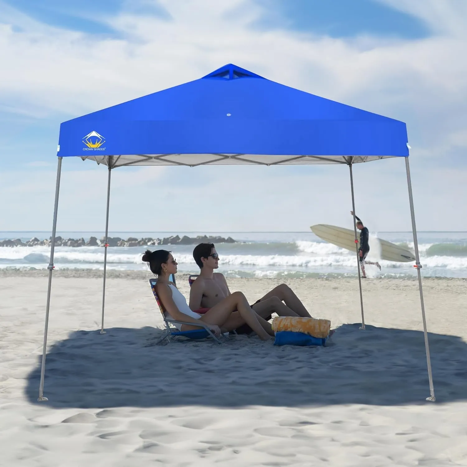 CROWN SHADES Pop Up Canopy - 11x11 Base Canopy Tent with One Push Setup - Pop Up Tent for Events, Parties, Camping - Gazebo with STO-N-Go Cover Bag, Silver Coated 9x9 Top, Blue