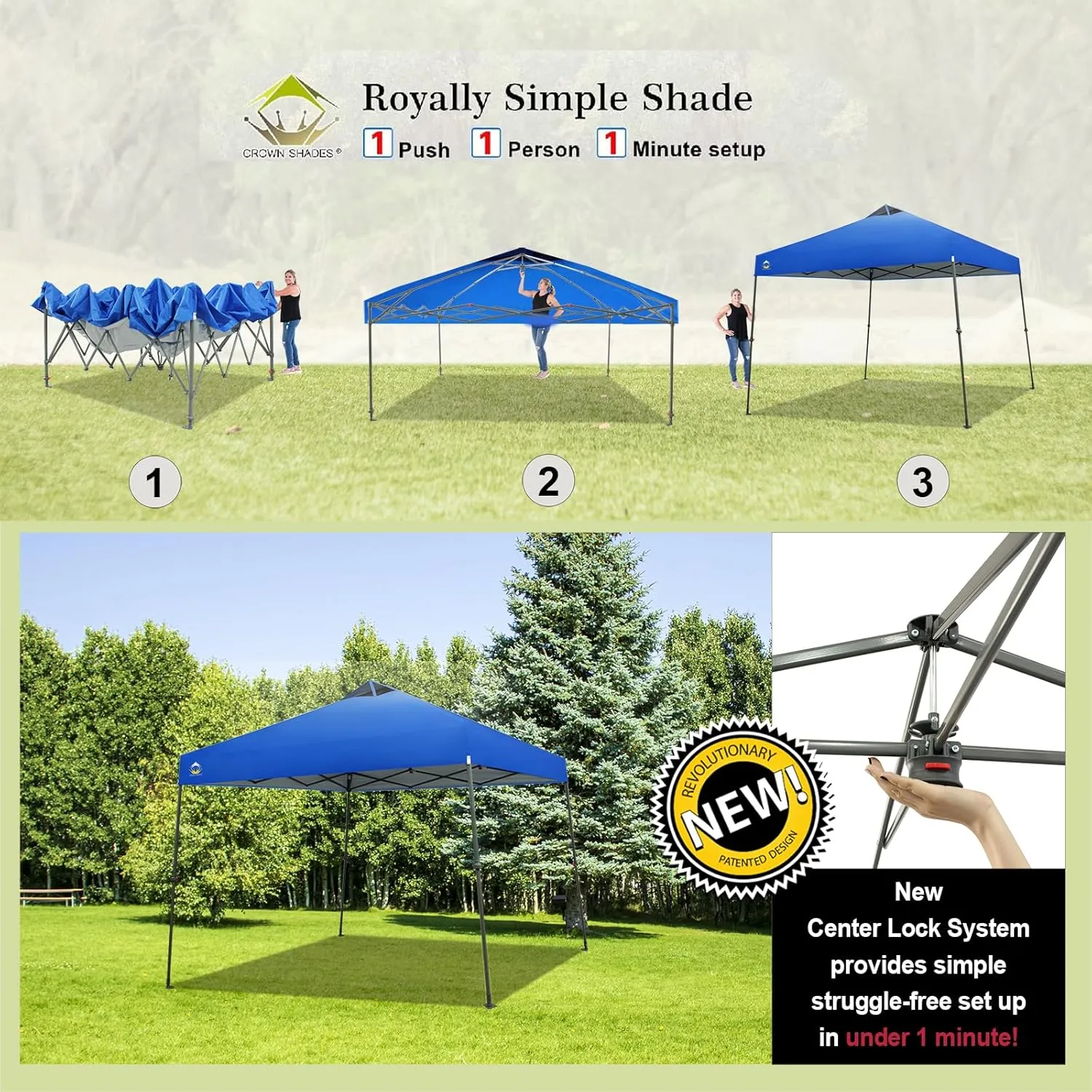 CROWN SHADES Pop Up Canopy - 11x11 Base Canopy Tent with One Push Setup - Pop Up Tent for Events, Parties, Camping - Gazebo with STO-N-Go Cover Bag, Silver Coated 9x9 Top, Blue