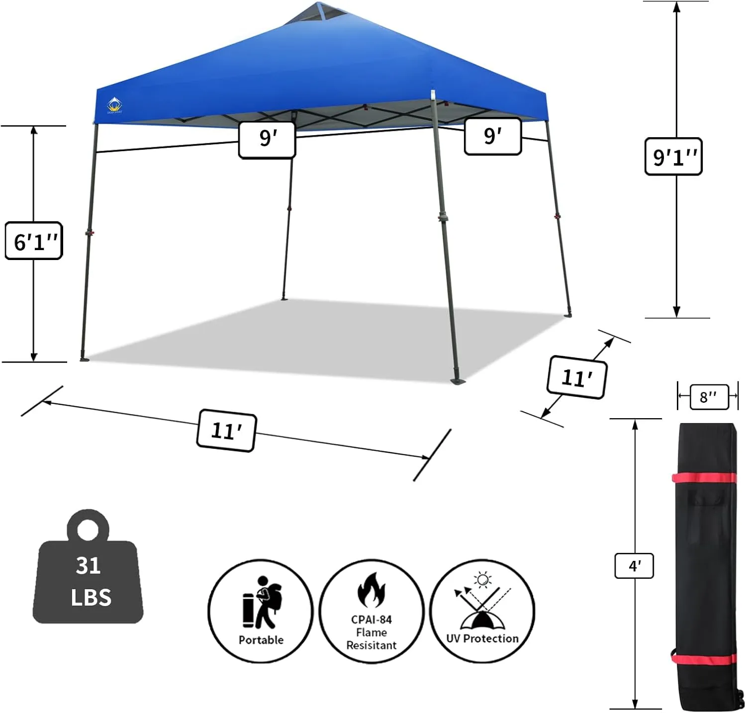 CROWN SHADES Pop Up Canopy - 11x11 Base Canopy Tent with One Push Setup - Pop Up Tent for Events, Parties, Camping - Gazebo with STO-N-Go Cover Bag, Silver Coated 9x9 Top, Blue