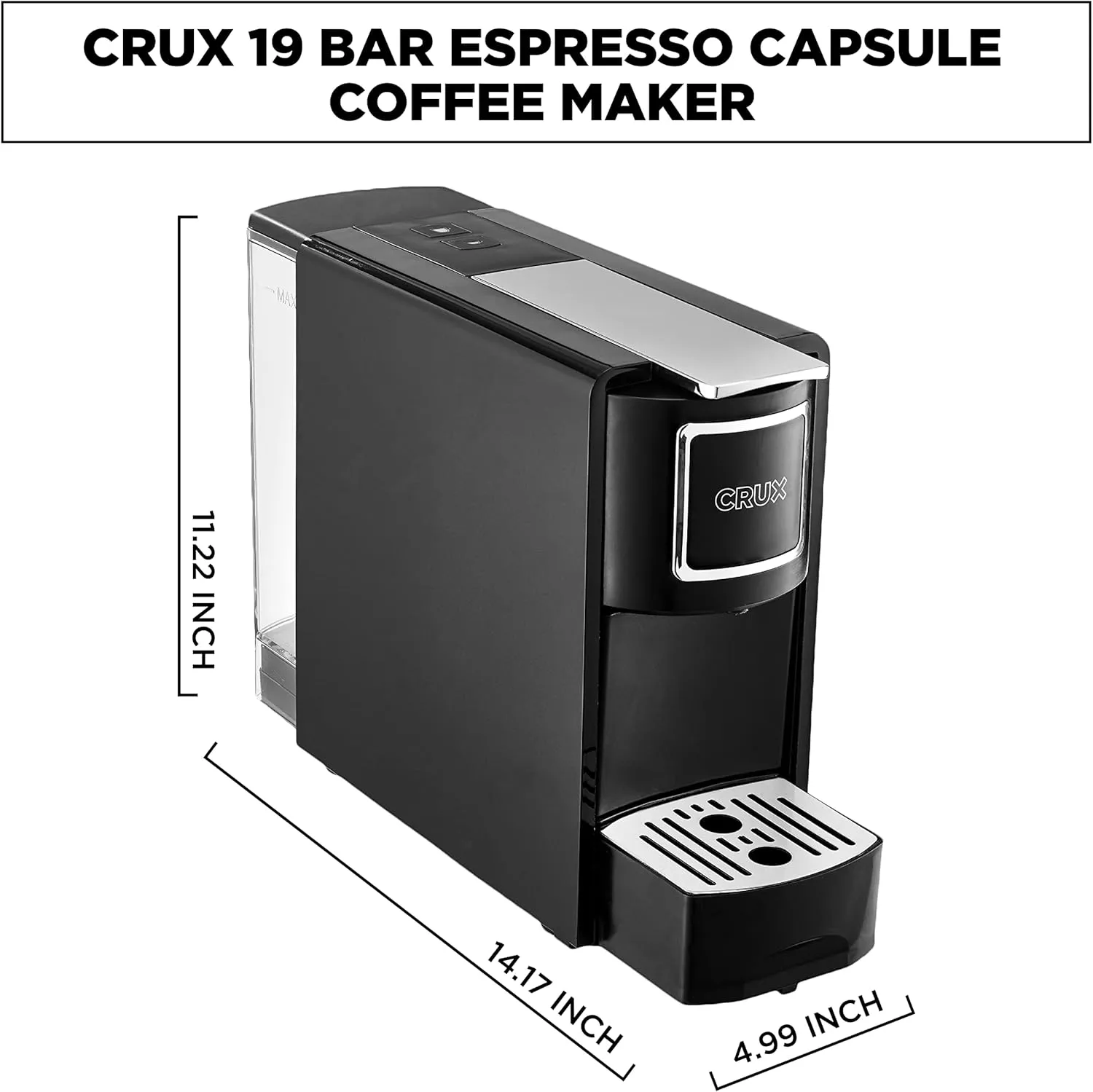 Crux Espresso Machine for Nespresso Pods - Programmable Coffee Brewer Capsule Compatible with Large Removable Water Tank and Drip Tray, Black and Silver
