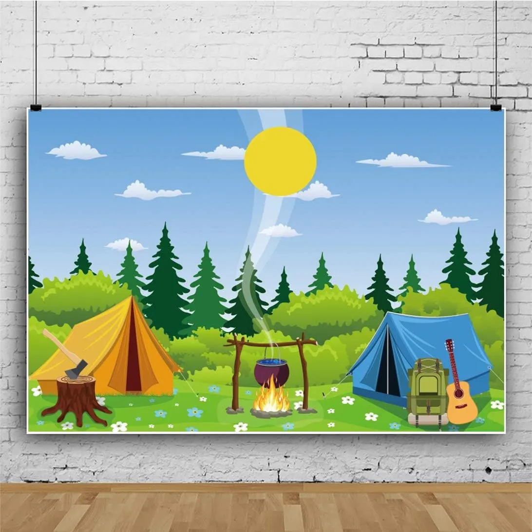 CSFOTO 7x5ft Cartoon Camp Backdrop Camping Theme Party Wild Hiking Bag Guitar Field Survival Training Tent Campfire Felling Forest Sun Background for Photography Vinyl Wallpaper