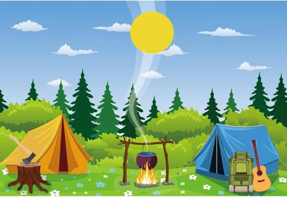 CSFOTO 7x5ft Cartoon Camp Backdrop Camping Theme Party Wild Hiking Bag Guitar Field Survival Training Tent Campfire Felling Forest Sun Background for Photography Vinyl Wallpaper