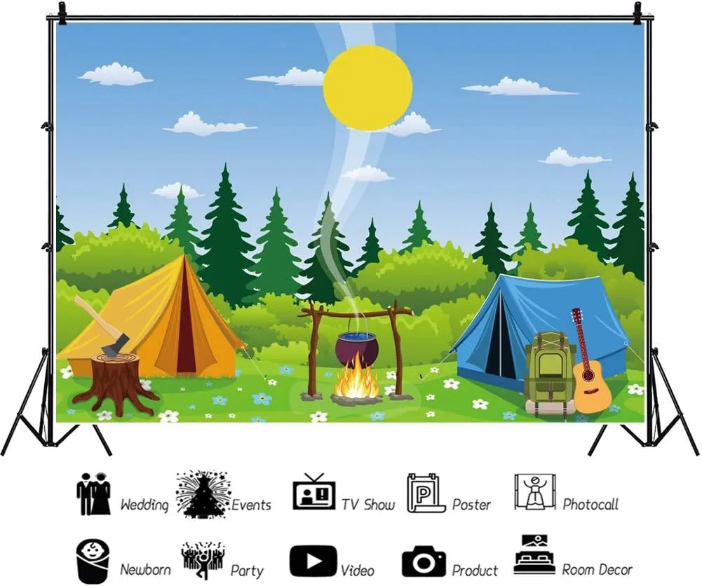 CSFOTO 7x5ft Cartoon Camp Backdrop Camping Theme Party Wild Hiking Bag Guitar Field Survival Training Tent Campfire Felling Forest Sun Background for Photography Vinyl Wallpaper