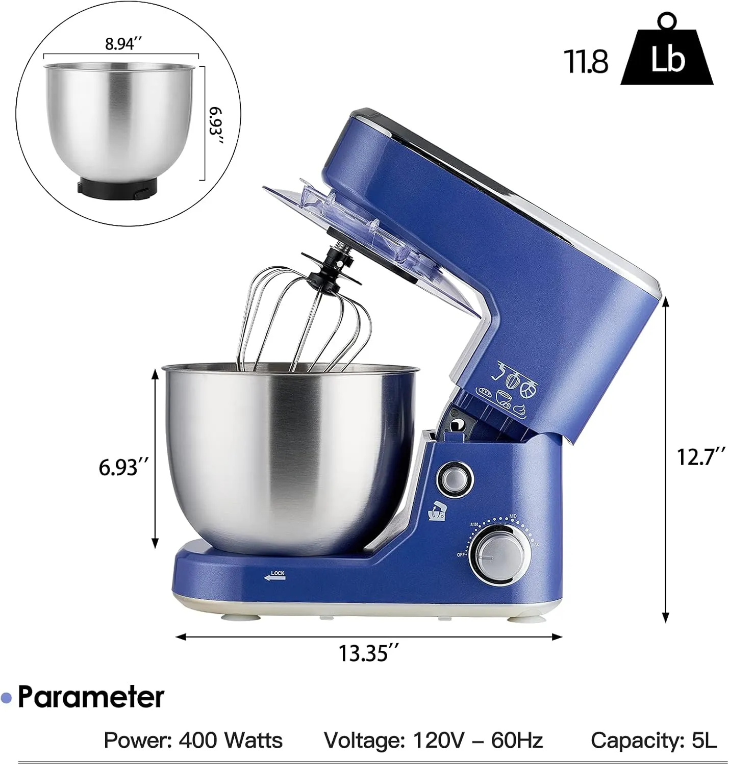 CUSIMAX Stand Mixer, 5-QT Stainless Steel Bowl Food Mixer, Tilt-Head Kitchen Electric Mixer with Dough Hook, Mixing Beater and Whisk, Splash Guard, Blue