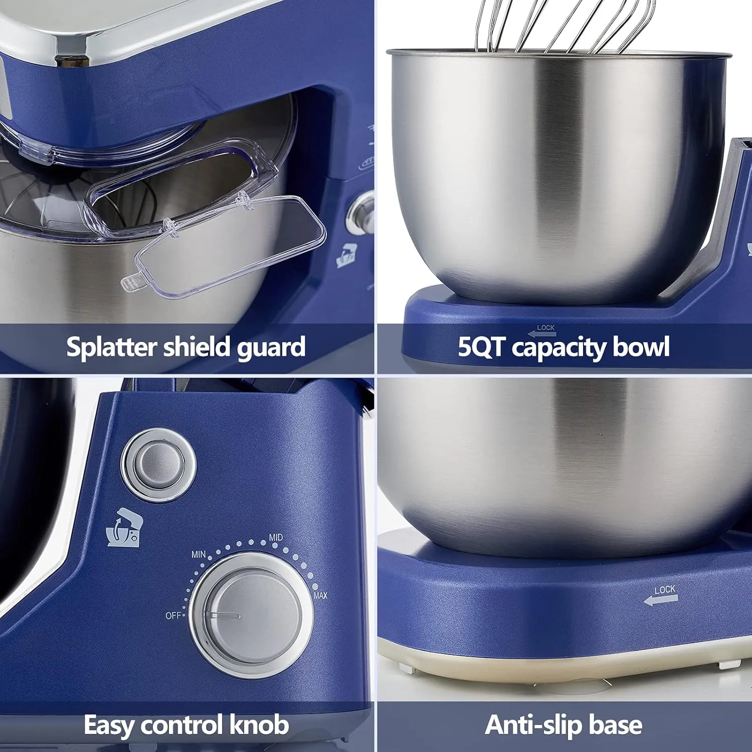 CUSIMAX Stand Mixer, 5-QT Stainless Steel Bowl Food Mixer, Tilt-Head Kitchen Electric Mixer with Dough Hook, Mixing Beater and Whisk, Splash Guard, Blue
