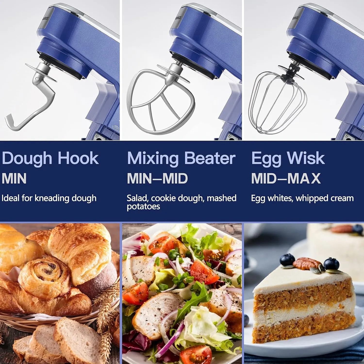 CUSIMAX Stand Mixer, 5-QT Stainless Steel Bowl Food Mixer, Tilt-Head Kitchen Electric Mixer with Dough Hook, Mixing Beater and Whisk, Splash Guard, Blue