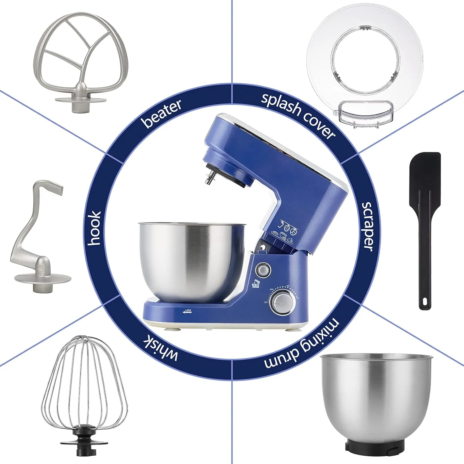 CUSIMAX Stand Mixer, 5-QT Stainless Steel Bowl Food Mixer, Tilt-Head Kitchen Electric Mixer with Dough Hook, Mixing Beater and Whisk, Splash Guard, Blue