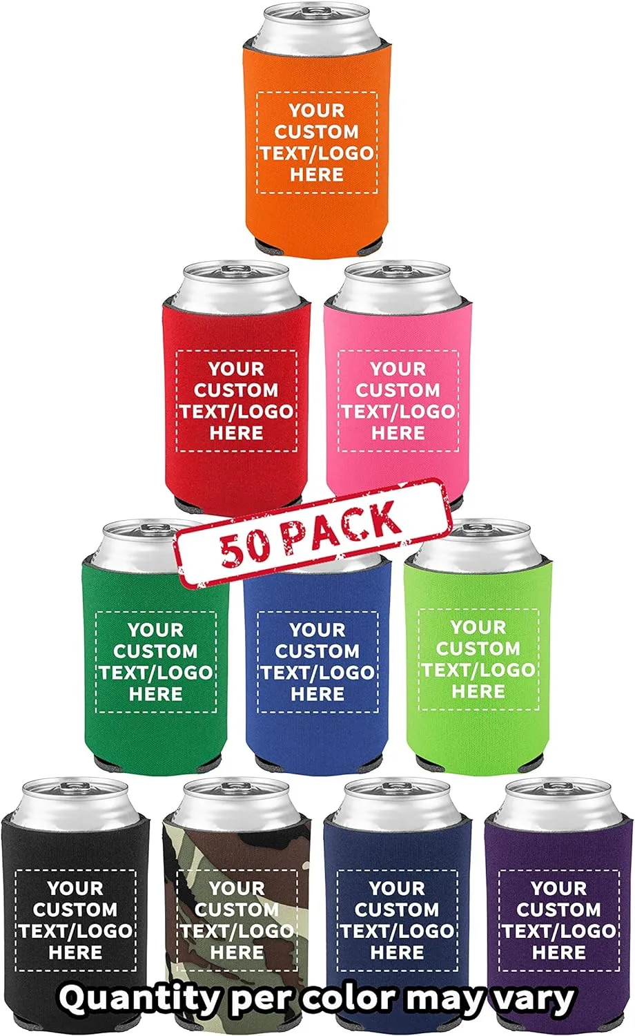 Custom Assorted Collapsible Can Coolers Set of 50, Personalized Bulk Pack - Keeps Your Drink Cold, Great for Beer, Soda and other Beverages - Assorted