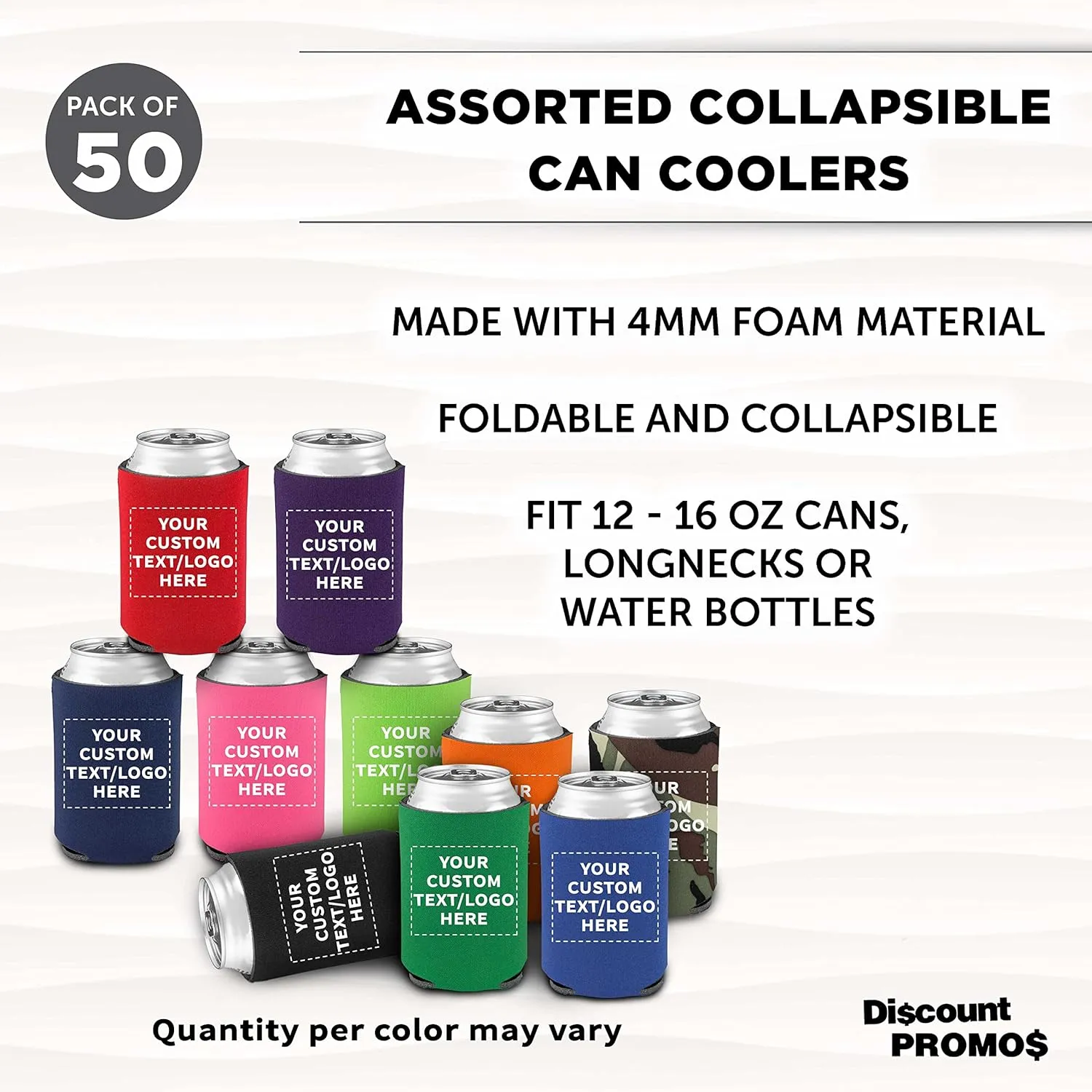 Custom Assorted Collapsible Can Coolers Set of 50, Personalized Bulk Pack - Keeps Your Drink Cold, Great for Beer, Soda and other Beverages - Assorted