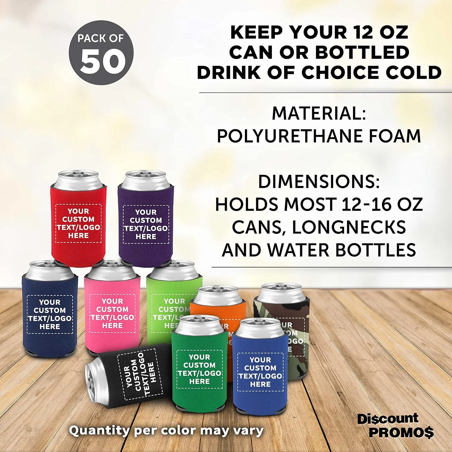 Custom Assorted Collapsible Can Coolers Set of 50, Personalized Bulk Pack - Keeps Your Drink Cold, Great for Beer, Soda and other Beverages - Assorted