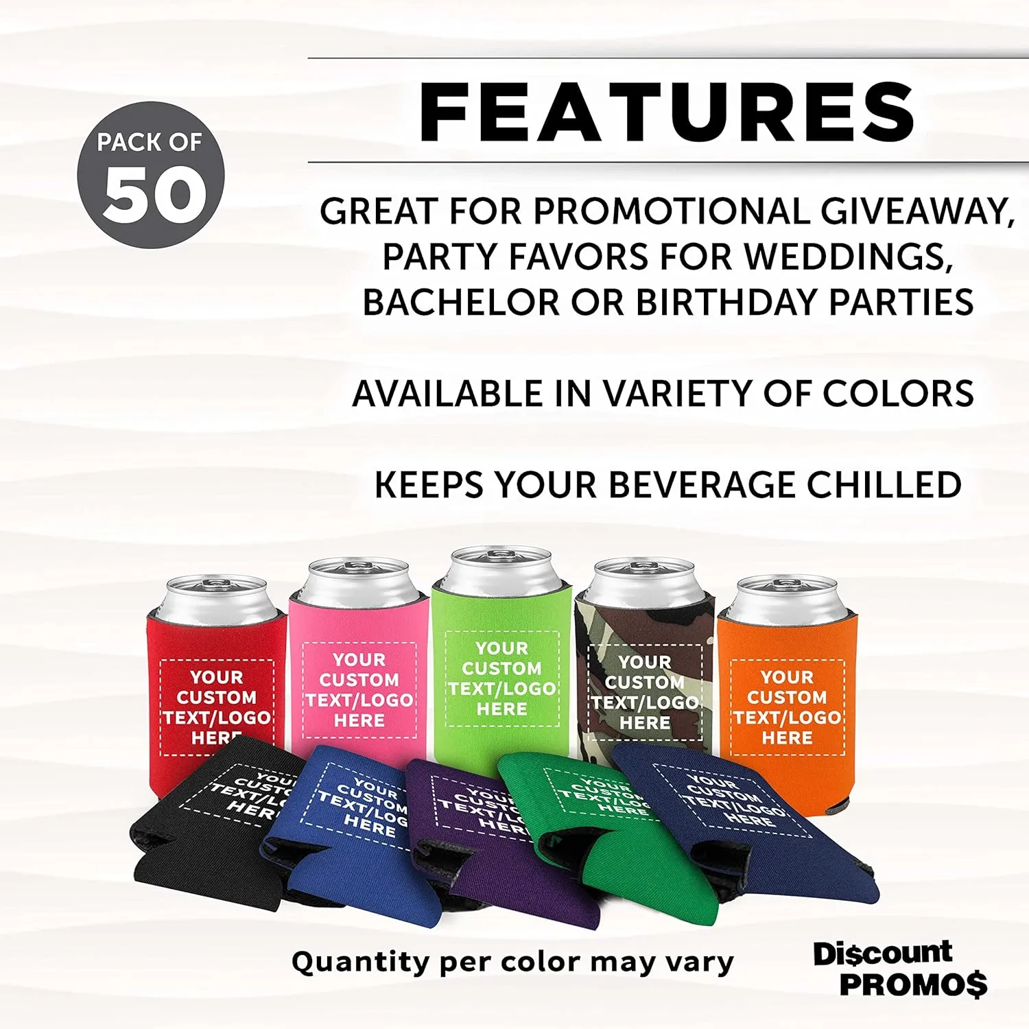 Custom Assorted Collapsible Can Coolers Set of 50, Personalized Bulk Pack - Keeps Your Drink Cold, Great for Beer, Soda and other Beverages - Assorted