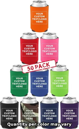 Custom Assorted Collapsible Can Coolers Set of 50, Personalized Bulk Pack - Keeps Your Drink Cold, Great for Beer, Soda and other Beverages - Assorted