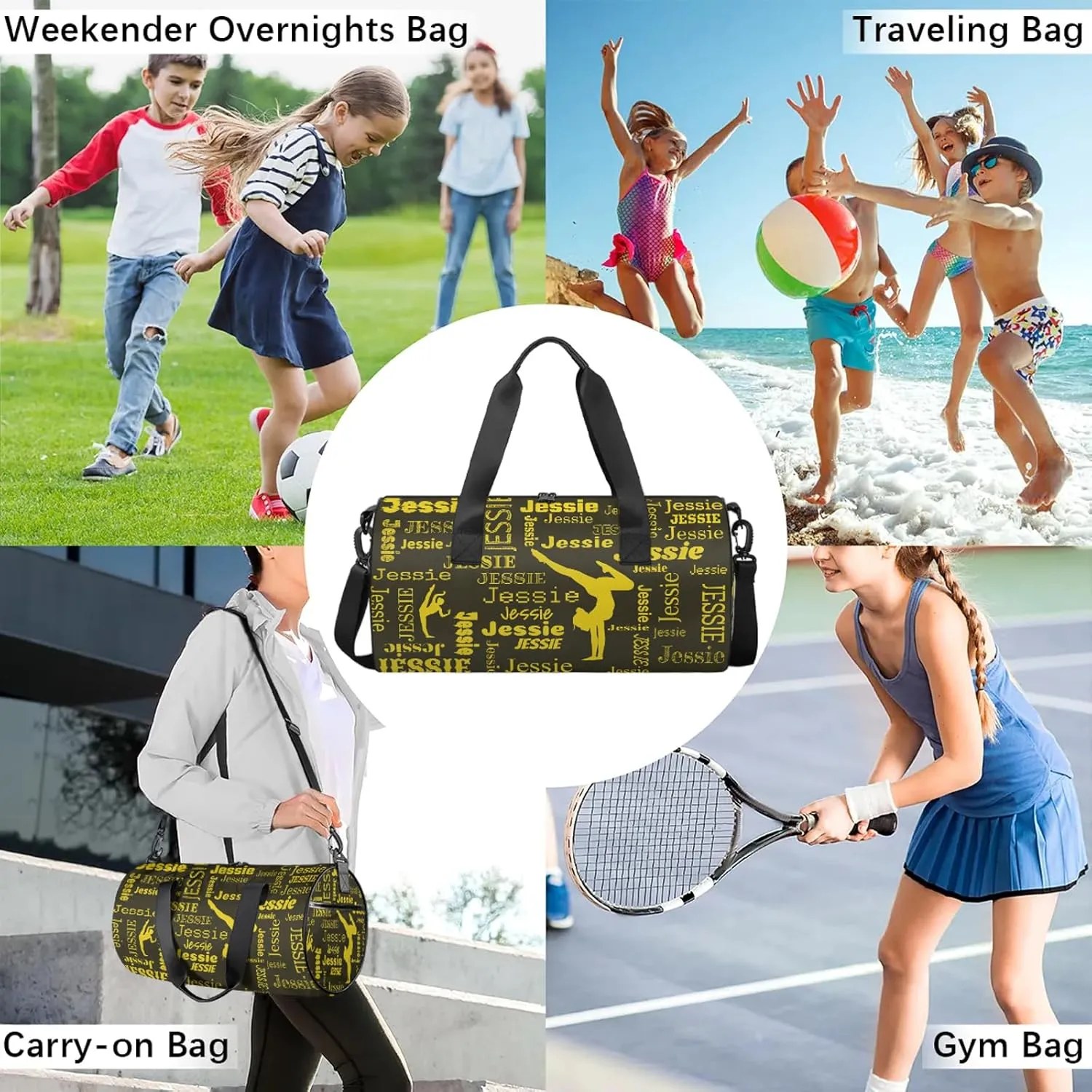 Custom Gymnastics Duffel Bag Personalized Sports Bag with Name Overnight Weekender Duffel Bag Customized Gym Sport Gifts for Women Men, Gold