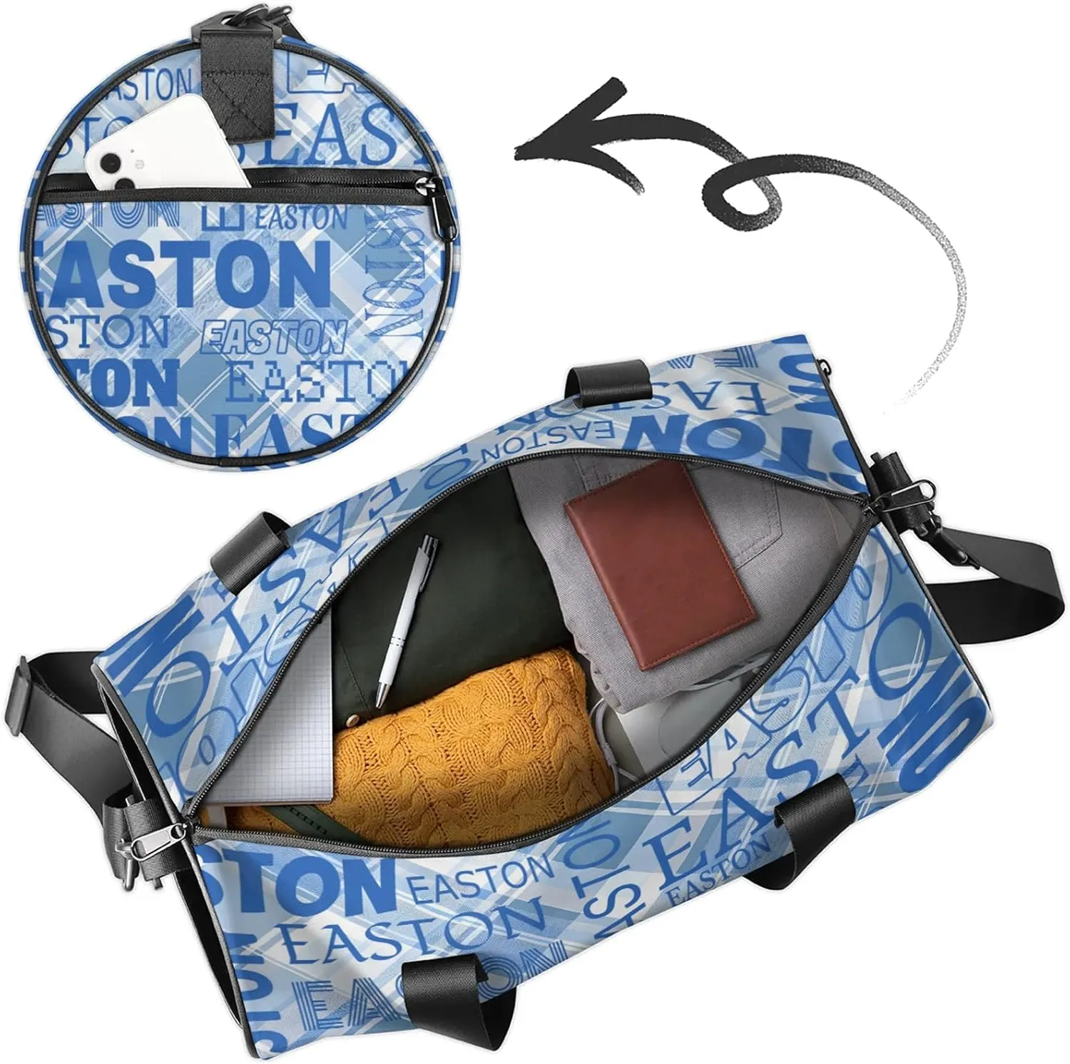 Custom Sport Gym Duffel Bag with Name Round Personalized Travel Overnight Bag Waterproof Customized Dance Bag Carry-On Tote 17.6in, Blue Checked