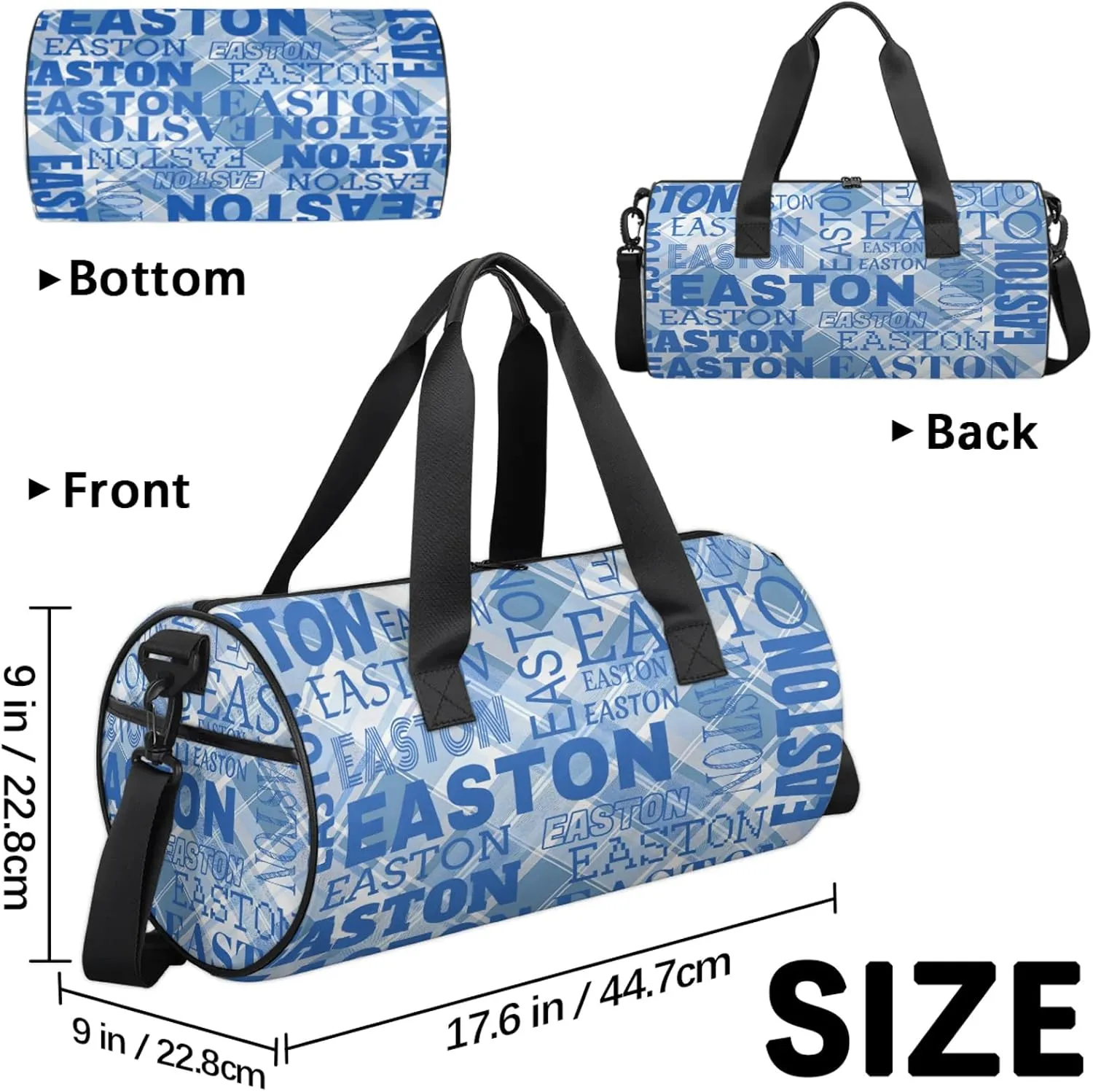 Custom Sport Gym Duffel Bag with Name Round Personalized Travel Overnight Bag Waterproof Customized Dance Bag Carry-On Tote 17.6in, Blue Checked