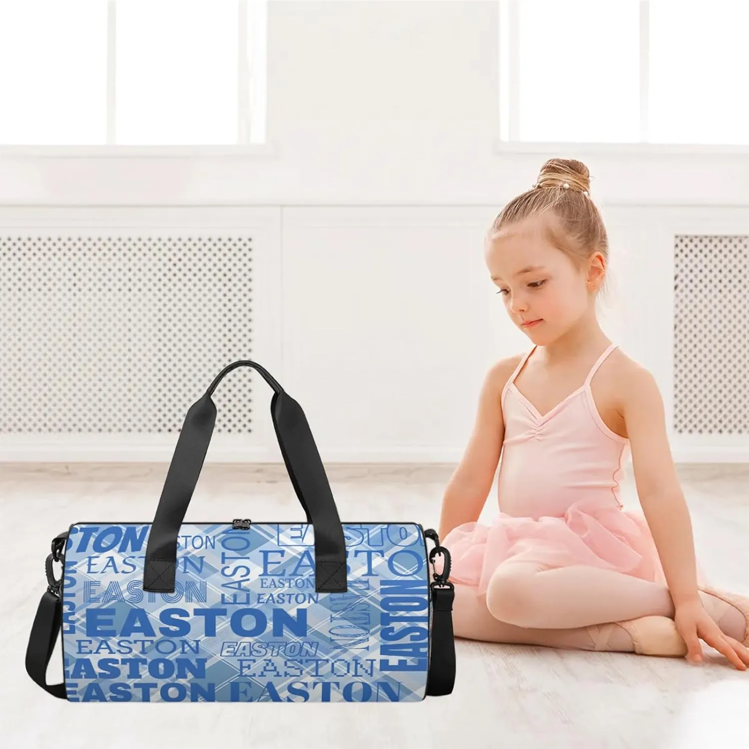 Custom Sport Gym Duffel Bag with Name Round Personalized Travel Overnight Bag Waterproof Customized Dance Bag Carry-On Tote 17.6in, Blue Checked