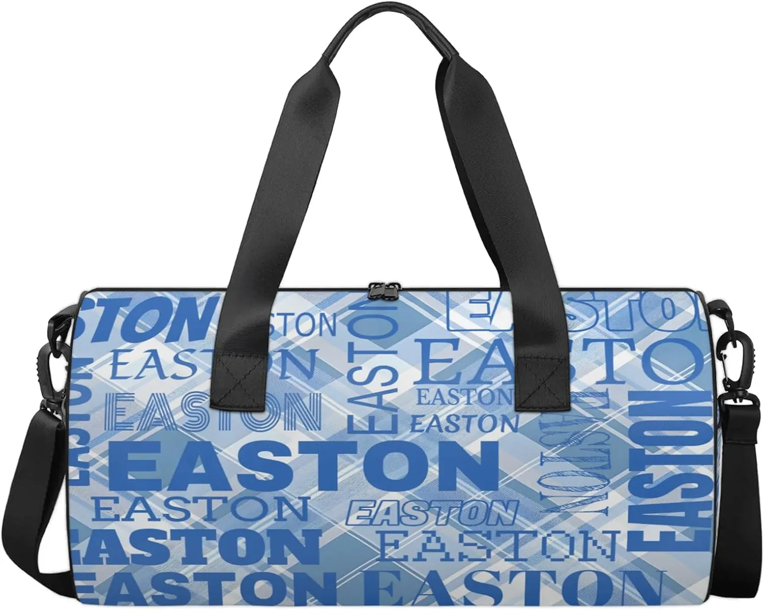 Custom Sport Gym Duffel Bag with Name Round Personalized Travel Overnight Bag Waterproof Customized Dance Bag Carry-On Tote 17.6in, Blue Checked