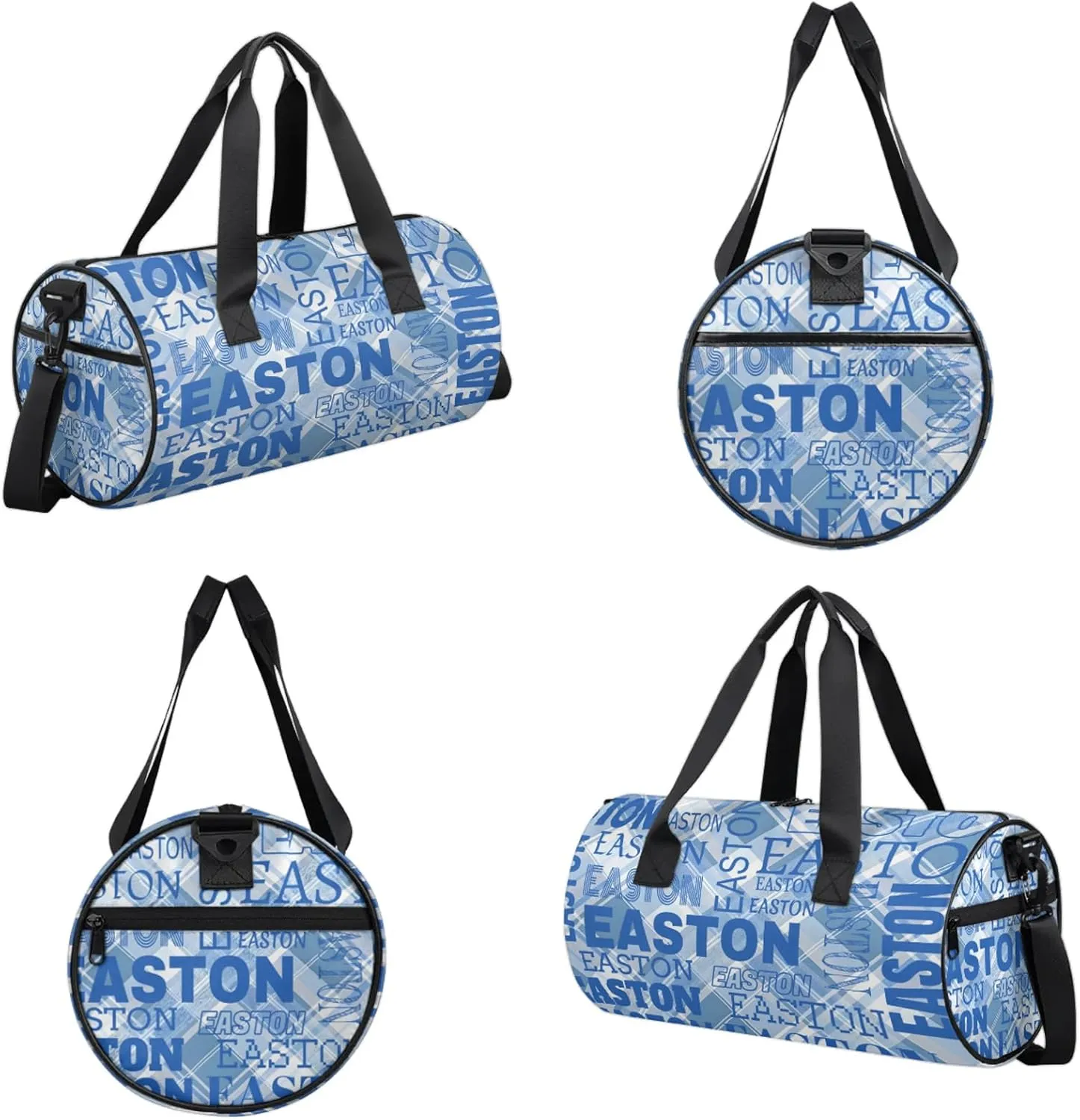 Custom Sport Gym Duffel Bag with Name Round Personalized Travel Overnight Bag Waterproof Customized Dance Bag Carry-On Tote 17.6in, Blue Checked