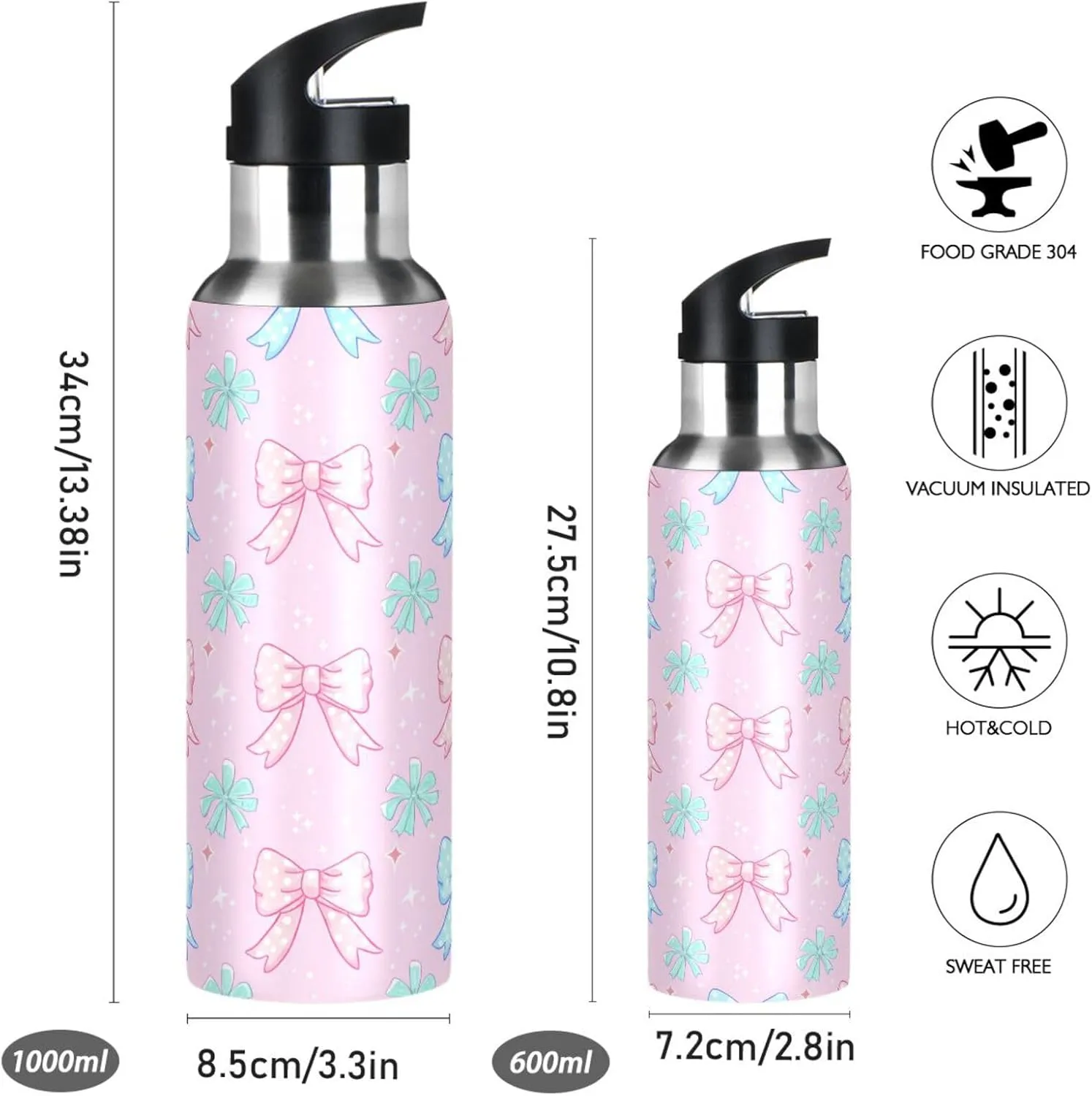 Cute Bow Tie Sports Water Bottle with Straw, 22oz BPA Free Stainless Steel Vacuum Insulated Bottle for Gym Fitness Outdoor
