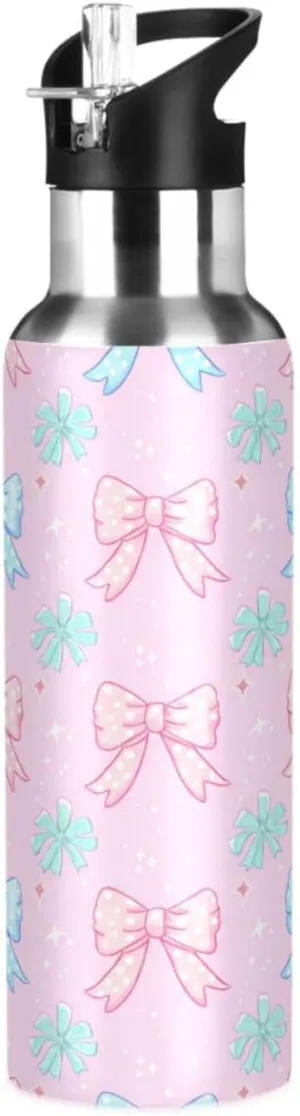 Cute Bow Tie Sports Water Bottle with Straw, 22oz BPA Free Stainless Steel Vacuum Insulated Bottle for Gym Fitness Outdoor