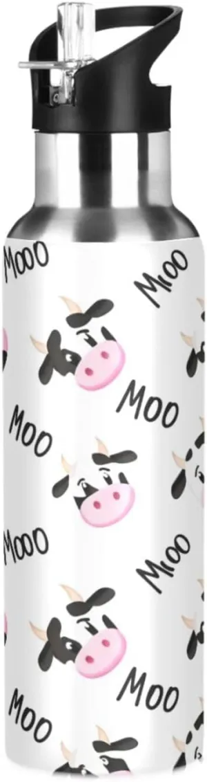 Cute Cow Sports Water Bottle with Straw, 22oz BPA Free Stainless Steel Vacuum Insulated Bottle for Gym Fitness Outdoor