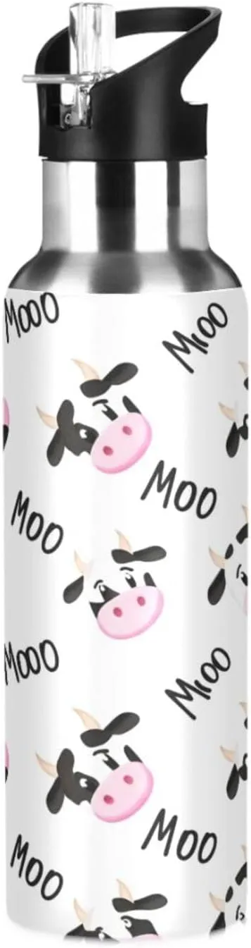 Cute Cow Sports Water Bottle with Straw, 22oz BPA Free Stainless Steel Vacuum Insulated Bottle for Gym Fitness Outdoor