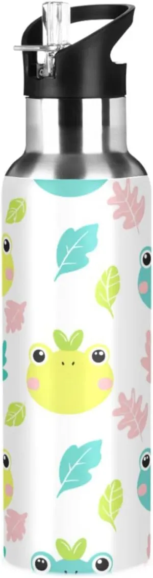 Cute Frog Sports Water Bottle with Straw, 22oz BPA Free Stainless Steel Vacuum Insulated Bottle for Gym Fitness Outdoor