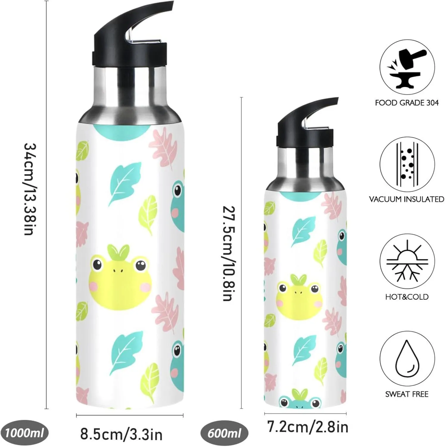 Cute Frog Sports Water Bottle with Straw, 22oz BPA Free Stainless Steel Vacuum Insulated Bottle for Gym Fitness Outdoor