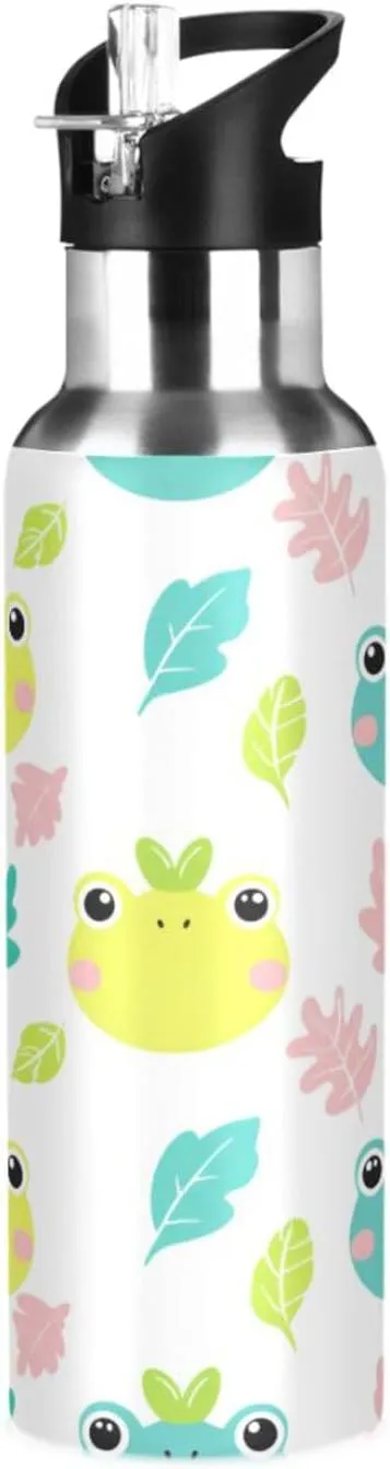 Cute Frog Sports Water Bottle with Straw, 22oz BPA Free Stainless Steel Vacuum Insulated Bottle for Gym Fitness Outdoor