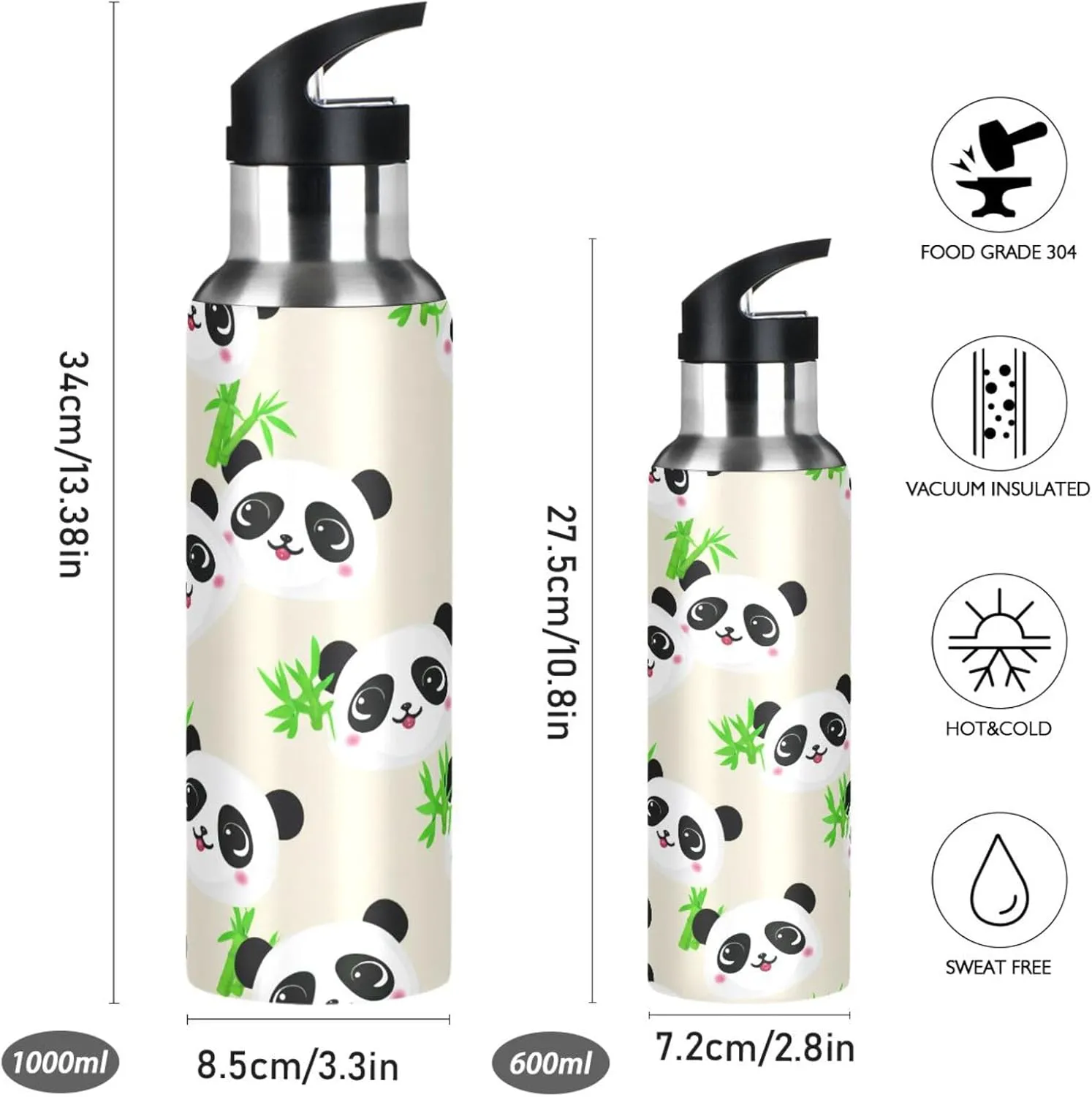 Cute Panda Sports Water Bottle with Straw, 22oz BPA Free Stainless Steel Vacuum Insulated Bottle for Gym Fitness Outdoor