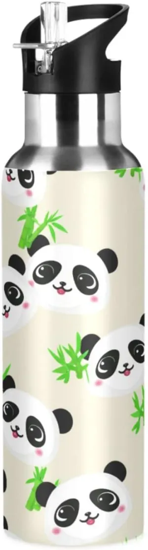 Cute Panda Sports Water Bottle with Straw, 22oz BPA Free Stainless Steel Vacuum Insulated Bottle for Gym Fitness Outdoor