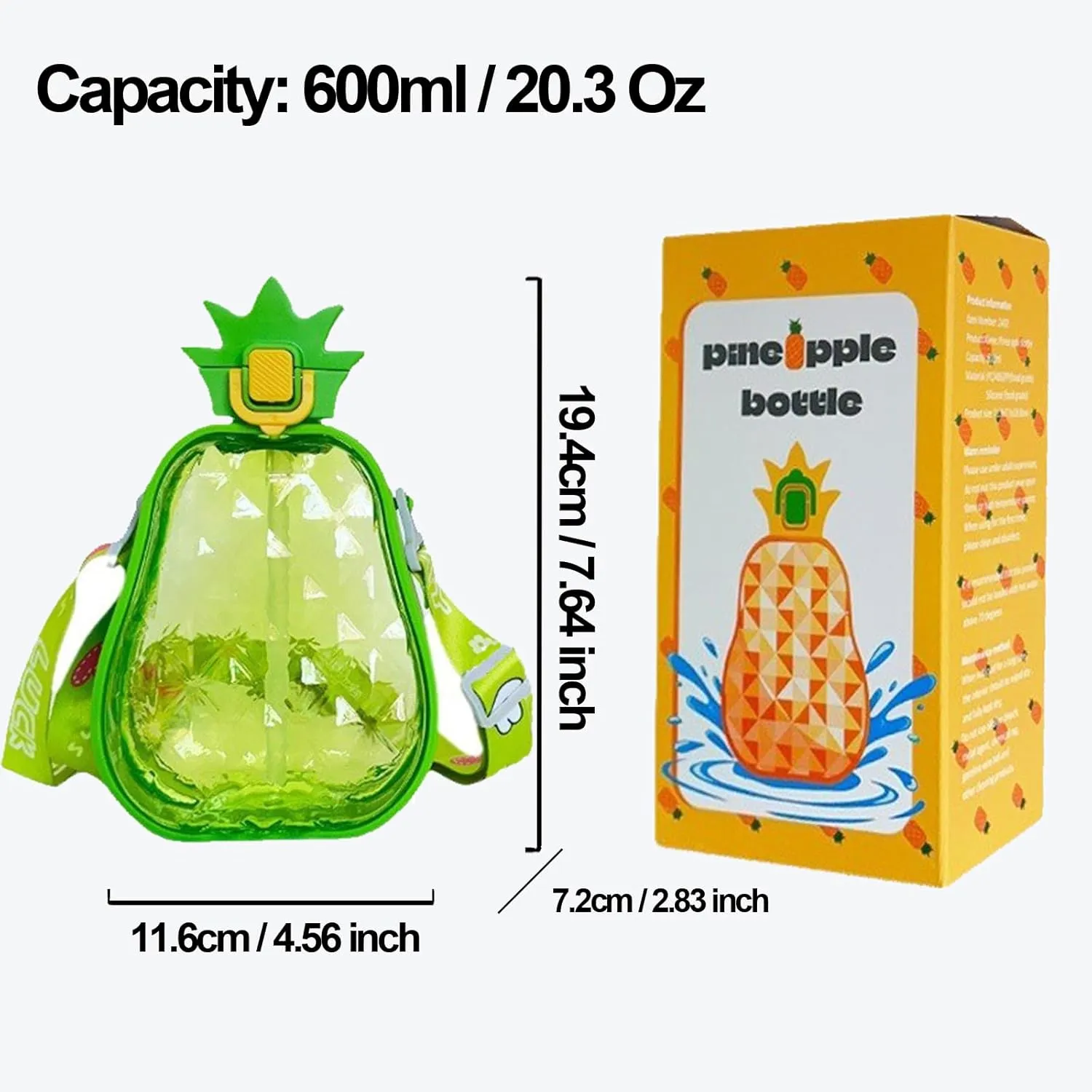 Cute Pineapple Plastic Water Bottle with Straw, 600 ML Creative Pineapple Shape Juice Bottle with Adjustable Shoulder Strap, BPA Free Leakproof Drinking Bottle for Travel Outdoor Sports (Blue)