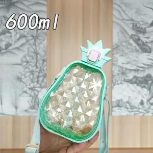 Cute Pineapple Plastic Water Bottle with Straw, 600 ML Creative Pineapple Shape Juice Bottle with Adjustable Shoulder Strap, BPA Free Leakproof Drinking Bottle for Travel Outdoor Sports (Blue)