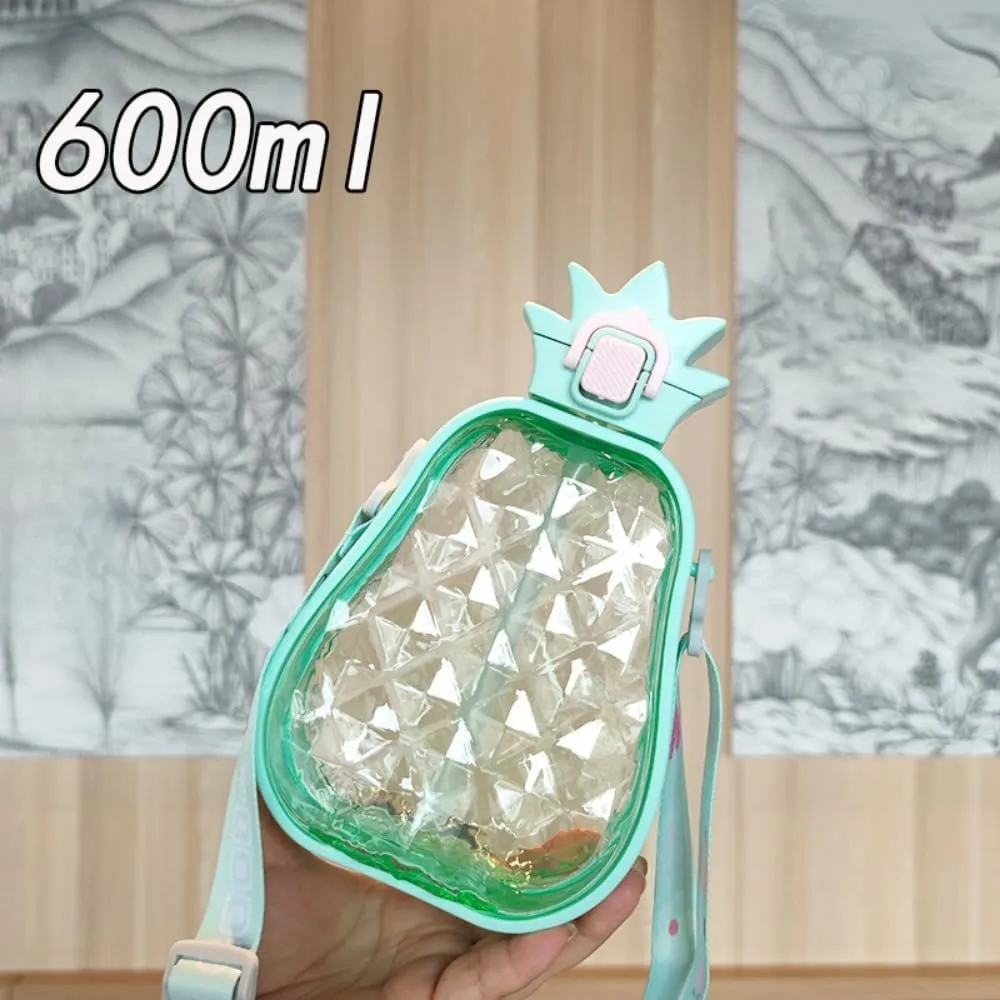 Cute Pineapple Plastic Water Bottle with Straw, 600 ML Creative Pineapple Shape Juice Bottle with Adjustable Shoulder Strap, BPA Free Leakproof Drinking Bottle for Travel Outdoor Sports (Blue)