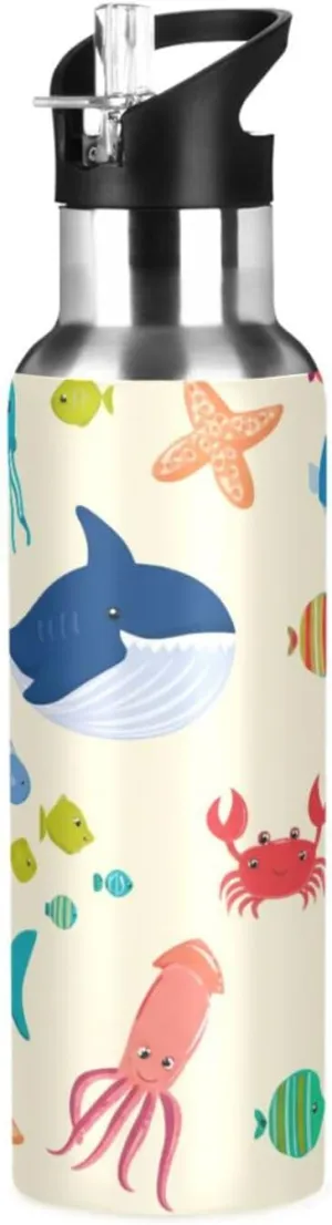 Cute Sea Animals Sports Water Bottle with Straw, 22oz BPA Free Stainless Steel Vacuum Insulated Bottle for Gym Fitness Outdoor