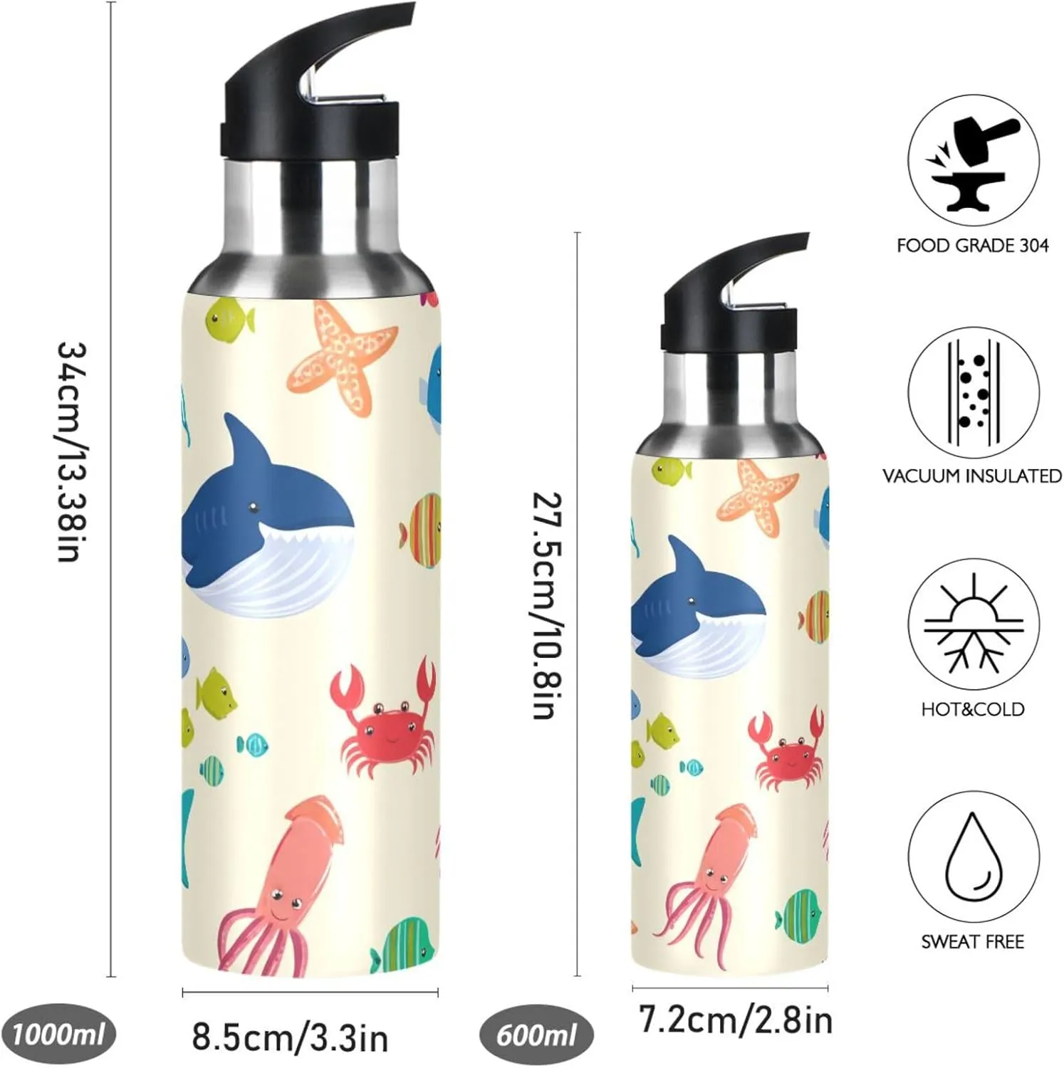 Cute Sea Animals Sports Water Bottle with Straw, 22oz BPA Free Stainless Steel Vacuum Insulated Bottle for Gym Fitness Outdoor