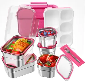 DaCool Stainless Steel Lunch Box Bento for Kids Adults Leakproof BPA-Free Metal Lunch Containers Tray 5-Compartment with Fork for Girls Food Snack Containers for School Outdoors, Pink