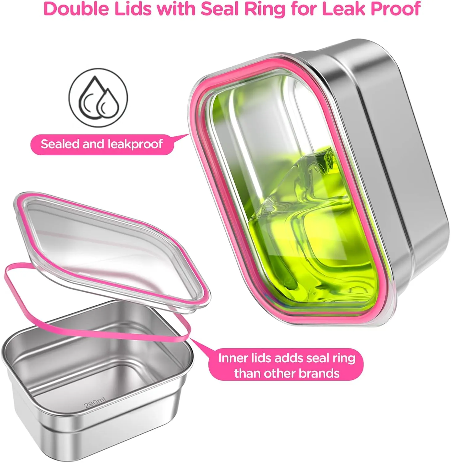 DaCool Stainless Steel Lunch Box Bento for Kids Adults Leakproof BPA-Free Metal Lunch Containers Tray 5-Compartment with Fork for Girls Food Snack Containers for School Outdoors, Pink