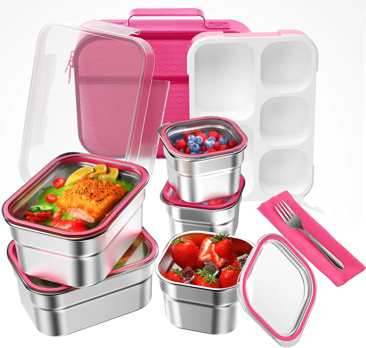 DaCool Stainless Steel Lunch Box Bento for Kids Adults Leakproof BPA-Free Metal Lunch Containers Tray 5-Compartment with Fork for Girls Food Snack Containers for School Outdoors, Pink
