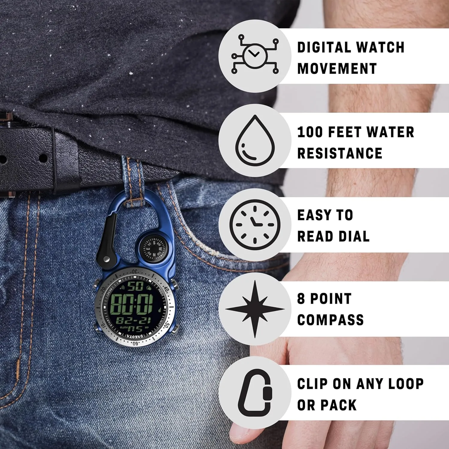Dakota Digital Backpacker Clip, Fob and Pocket Watch, Alarm, Stopwatch, Timer and Dual Time, Outdoor Gifts for Men and Women, Tactical Digital Watch
