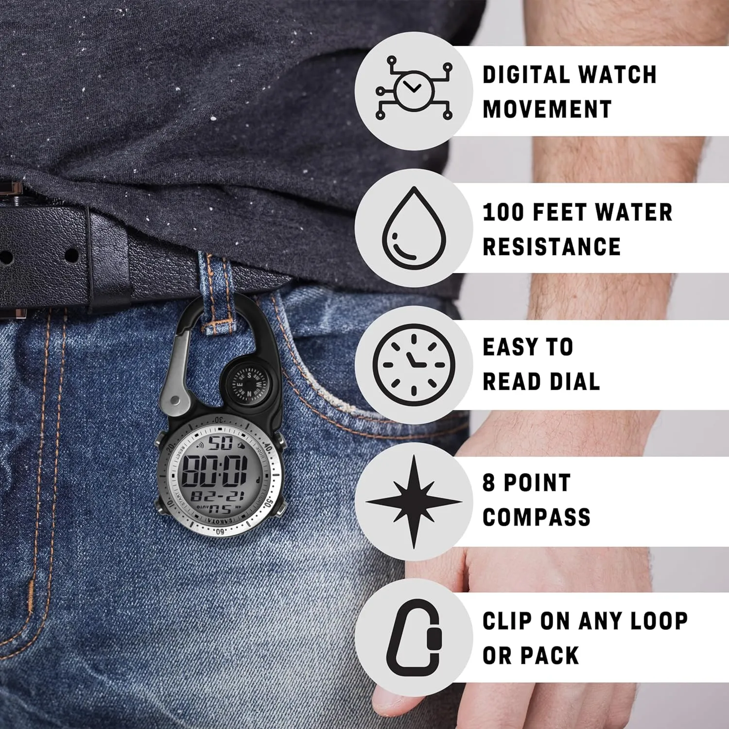 Dakota Digital Backpacker Clip, Fob and Pocket Watch, Alarm, Stopwatch, Timer and Dual Time, Outdoor Gifts for Men and Women, Tactical Digital Watch
