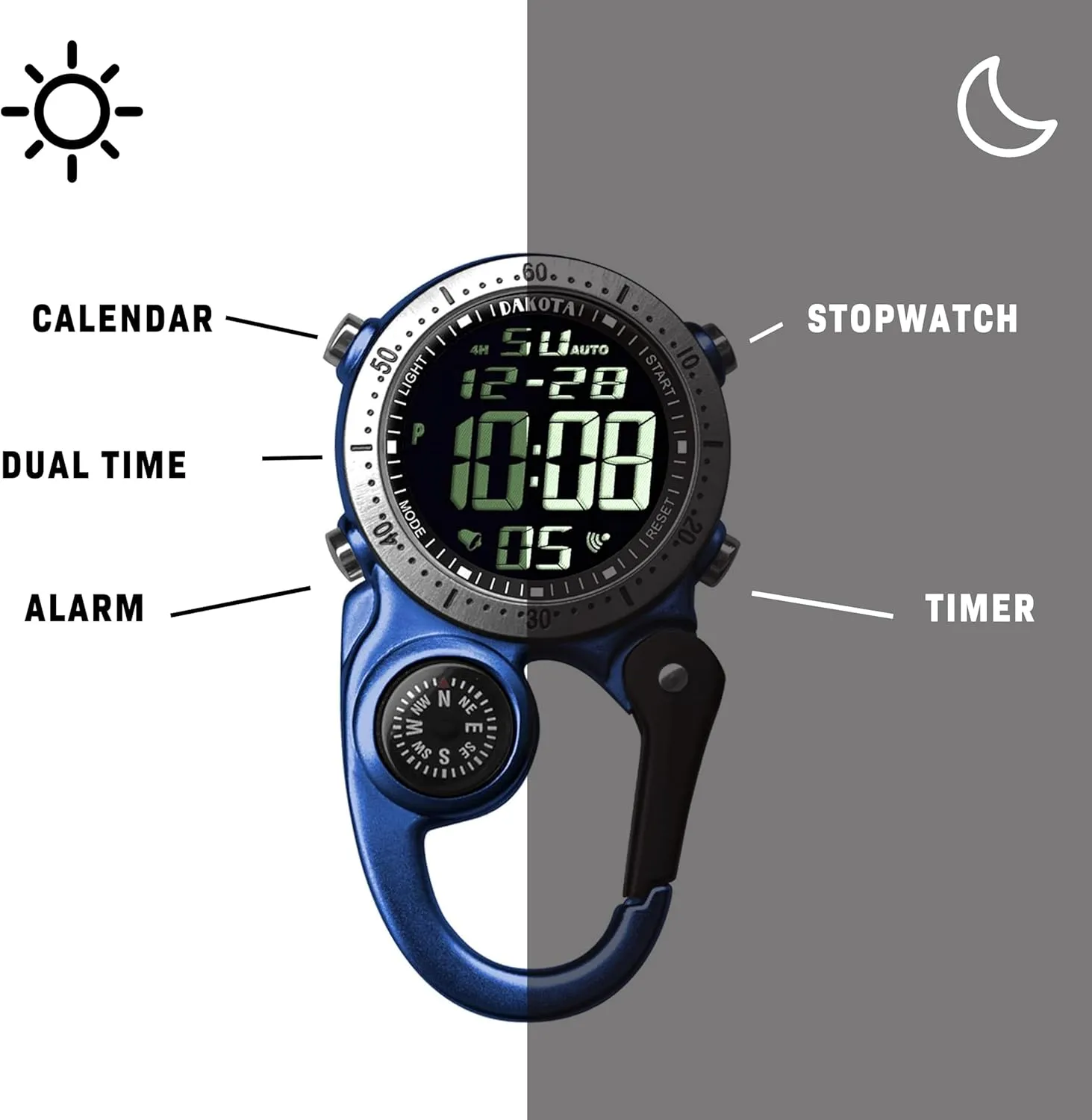 Dakota Digital Backpacker Clip, Fob and Pocket Watch, Alarm, Stopwatch, Timer and Dual Time, Outdoor Gifts for Men and Women, Tactical Digital Watch