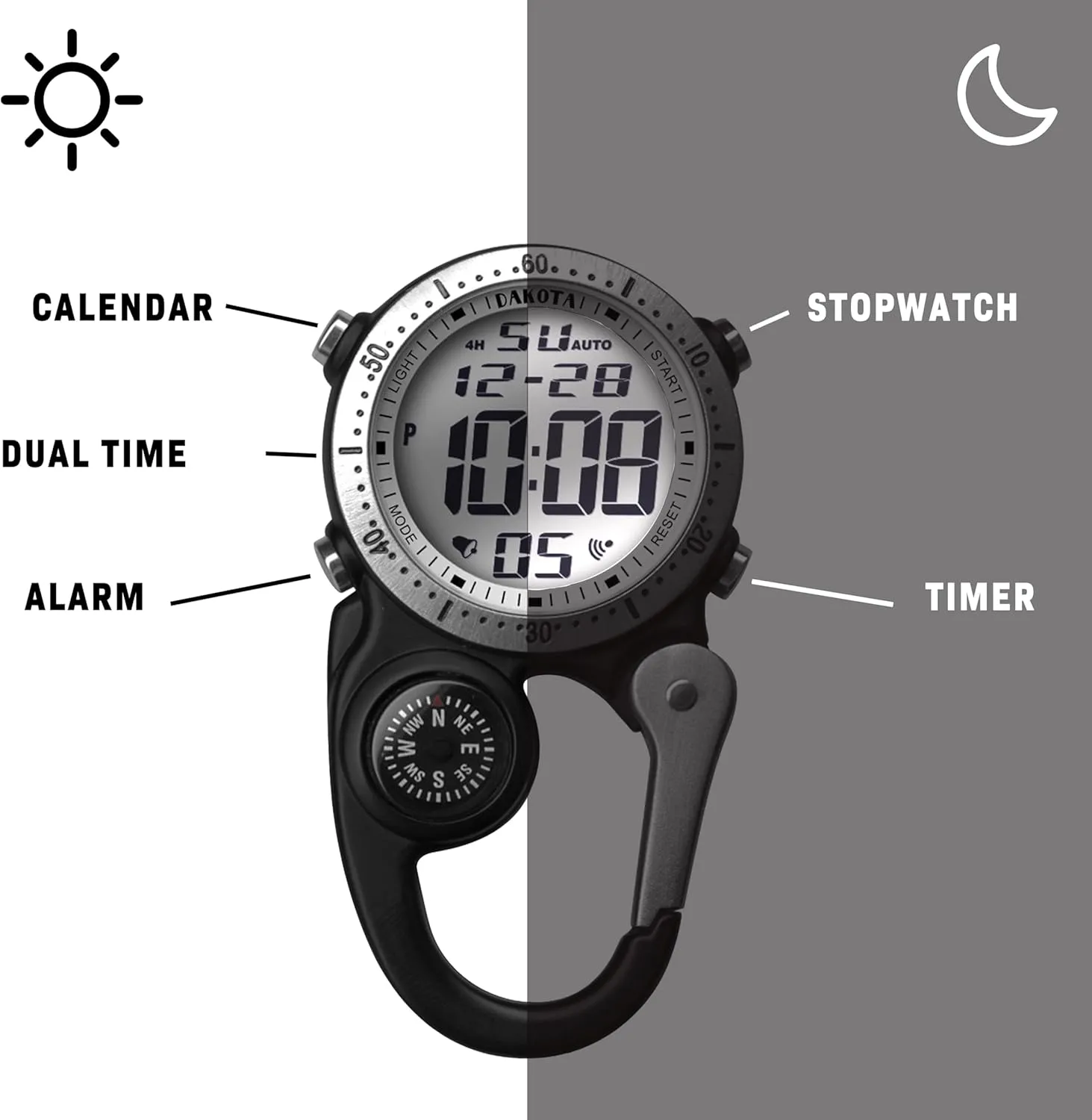 Dakota Digital Backpacker Clip, Fob and Pocket Watch, Alarm, Stopwatch, Timer and Dual Time, Outdoor Gifts for Men and Women, Tactical Digital Watch