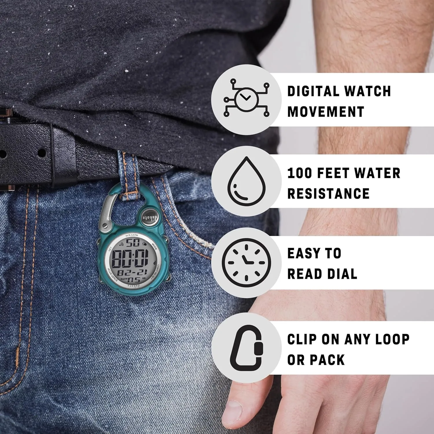 Dakota Digital Clip, Alarm, Stopwatch, Timer and Dual Time, Quality Pocket and Fob Watch, Premium Durability Outdoor Gifts for Men, Tactical Digital Clip on Watch