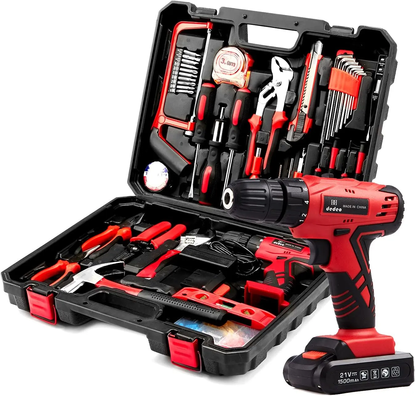 Dedeo Tool Set with Drill, Cordless Hammer Drill Tool Kit 110Pcs Household Power Tools Drill Set with 21V Li-Ion Battery & Charger for Home Tool Kit