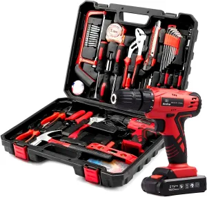 Dedeo Tool Set with Drill, Cordless Hammer Drill Tool Kit 110Pcs Household Power Tools Drill Set with 21V Li-Ion Battery & Charger for Home Tool Kit