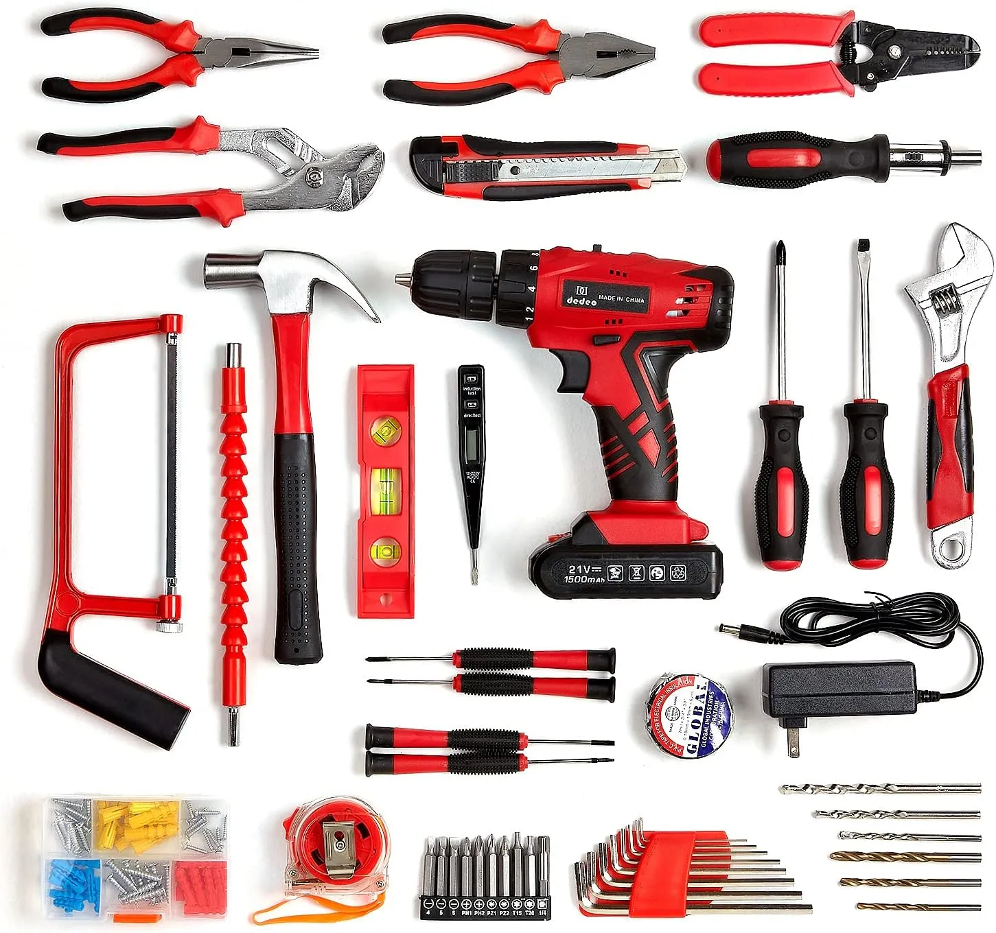 Dedeo Tool Set with Drill, Cordless Hammer Drill Tool Kit 110Pcs Household Power Tools Drill Set with 21V Li-Ion Battery & Charger for Home Tool Kit