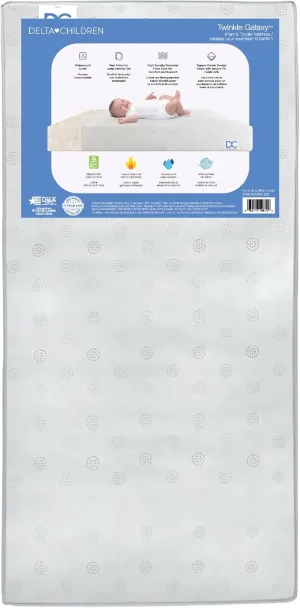Delta Children Twinkle Galaxy Dual Sided Crib and Toddler Mattress - Premium Sustainably Sourced Fiber Core - Waterproof - GREENGUARD Gold Certified (Non-Toxic) - 7 Year Warranty - Made in USA