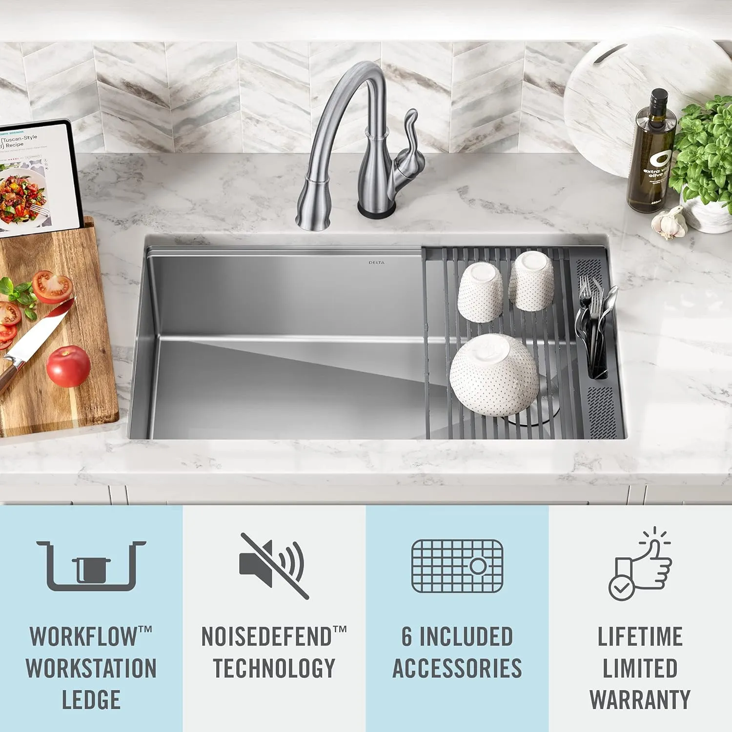 DELTA FAUCET 95B932-32S-SS Lorelai Workstation Kitchen Sink Undermount Stainless Steel Single Bowl with InSinkErator Garbage Disposal Power Cord Kit