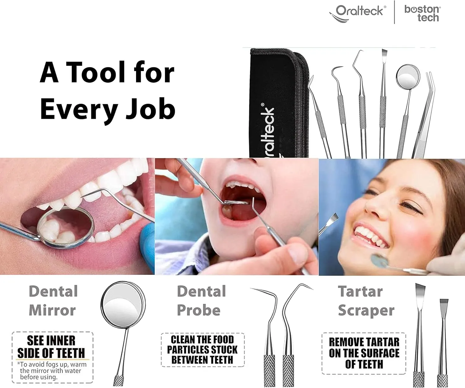 Dental Tools 6 Pack, Professional Stainless Steel Teeth Cleaning Kit with Tooth Scraper, Mirror, Probe and Case - Plaque Remover for Adults, Kids, and Pets (Blue)